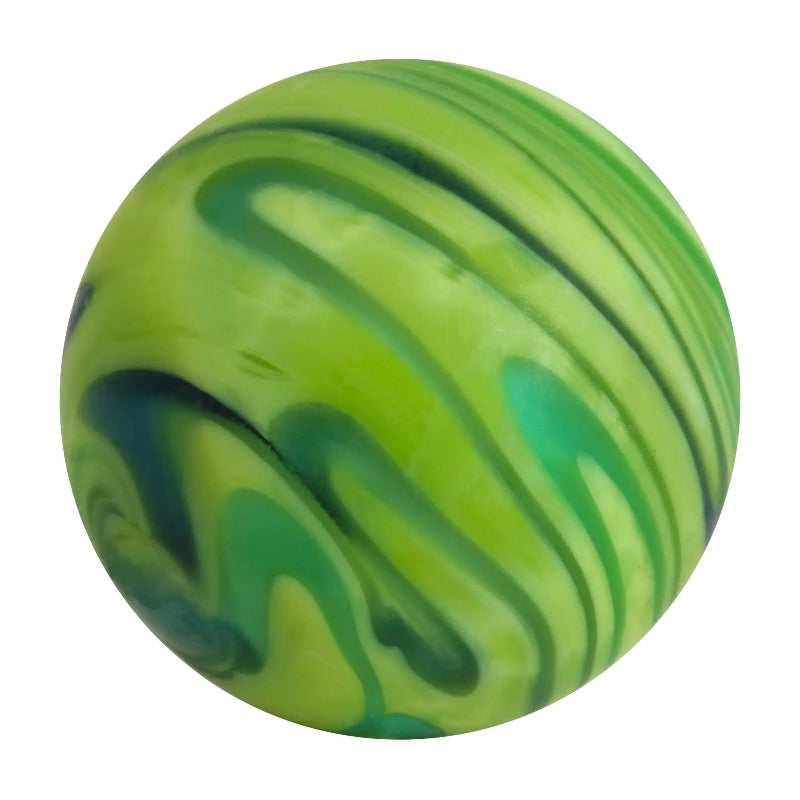 Green glass marble with light and dark green diagonal swirls — Adventure Awaits