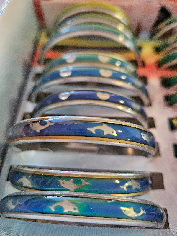 Silver mood bangle with colour-changing band and silver dolphin motifs — Adventure Awaits