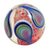 Reverse side of namaste marble. Clear glass marble with red centre and blue, green, white and pink teardrop swirls, Adventure Awaits