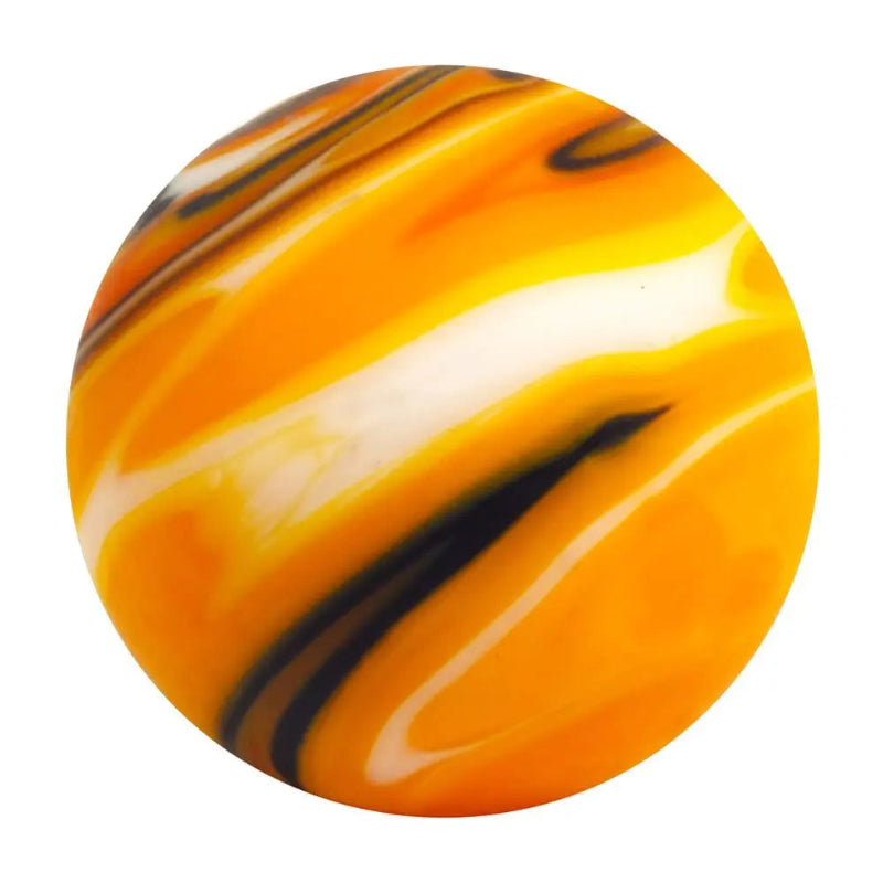 Orange glass marble with black and white diagonal swirls — Adventure Awaits