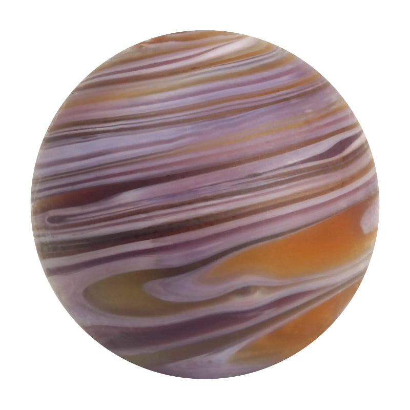 Purple glass marble with light and dark purple and orange diagonal swirls — Adventure Awaits