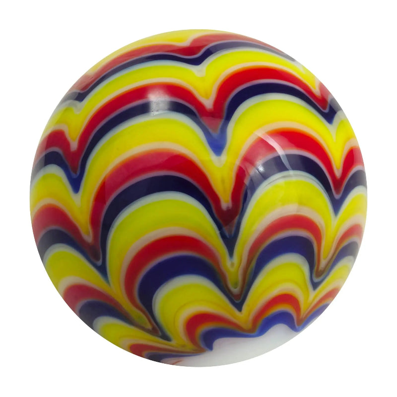 Multicoloured glass marble with red, yellow, blue and white chevron swirls — Adventure Awaits