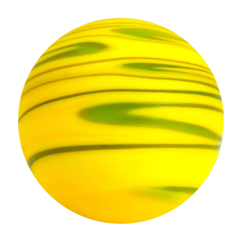 Yellow glass marble with light and dark green diagonal swirls — Adventure Awaits