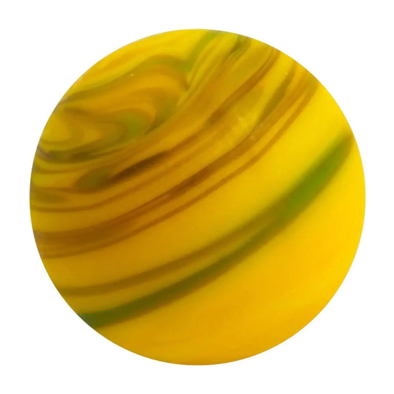 Yellow glass marble with light and dark orange/green diagonal swirls — Adventure Awaits