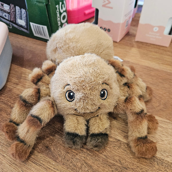 Plush huntsman spider toy on a wooden surface with a box and books in the background