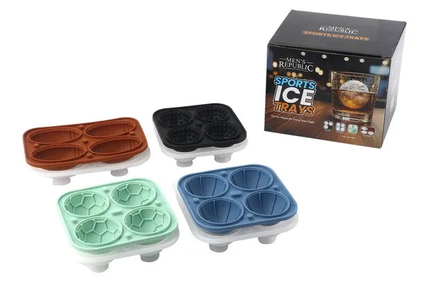 Set of sports-themed ice tray molds with a branded box on a white background