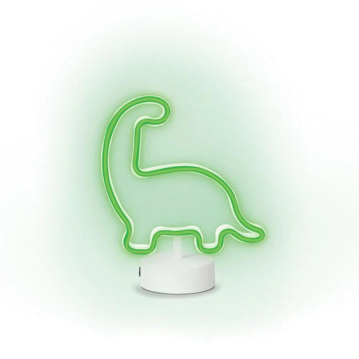 Green diplodocus dinosaur neon light glowing on white background — Adventure Awaits