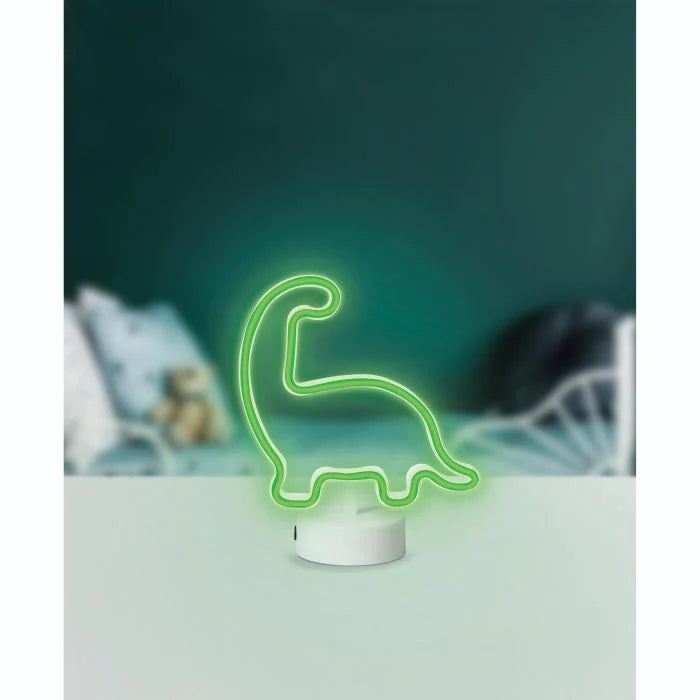 Green diplodocus dinosaur neon light glowing on bedroom shelf — Adventure Awaits