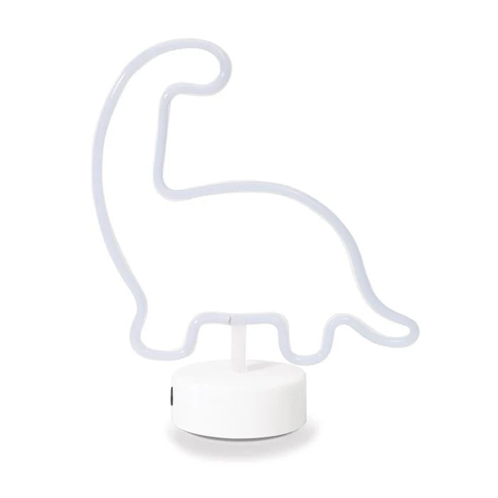 White diplodocus dinosaur neon light on round base — Adventure Awaits