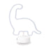 White diplodocus dinosaur neon light on round base — Adventure Awaits