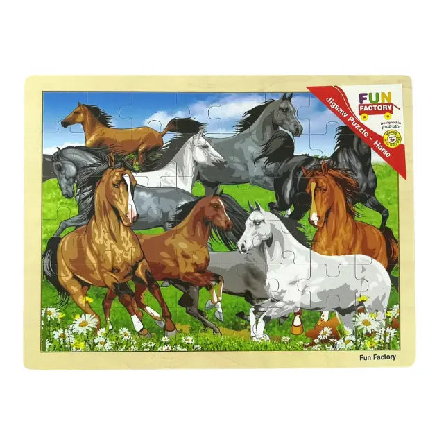 Fun Factory wooden horse jigsaw puzzle with running horses in a meadow — Adventure Awaits