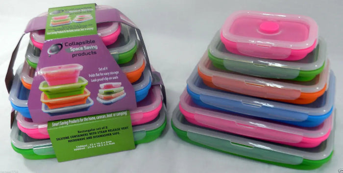 Adventure Awaits collapsible silicone food container set with colourful stackable designs and airtight lids