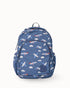 Blue backpack with airplane pattern on a white background