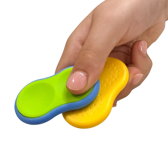 Hand sliding two colourful Kaiko Mag Sliders together for tactile magnetic fidget play — Adventure Awaits