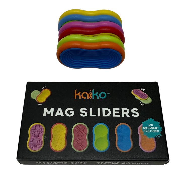 Kaiko Mag Sliders stacked above the box, showing six colourful textured magnetic fidget pieces — Adventure Awaits