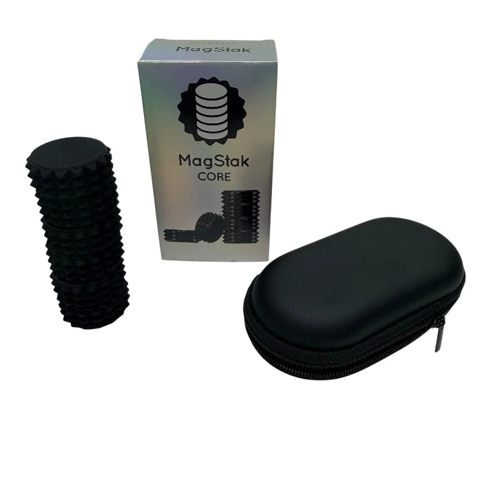 Kaiko MagStak Core magnetic stacking toy in black with storage case and retail box, designed for sensory play, focus and fidgeting at home or travel Adventure Awaits