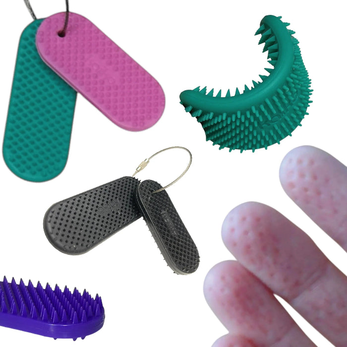 all variants of spikeyrink shown on white background with fingers showing indents made by spikeyring