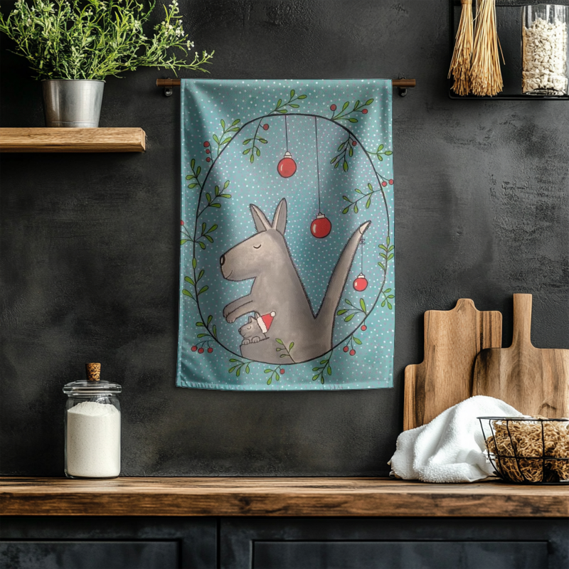 kangaroo christmas tea towel in kitchen