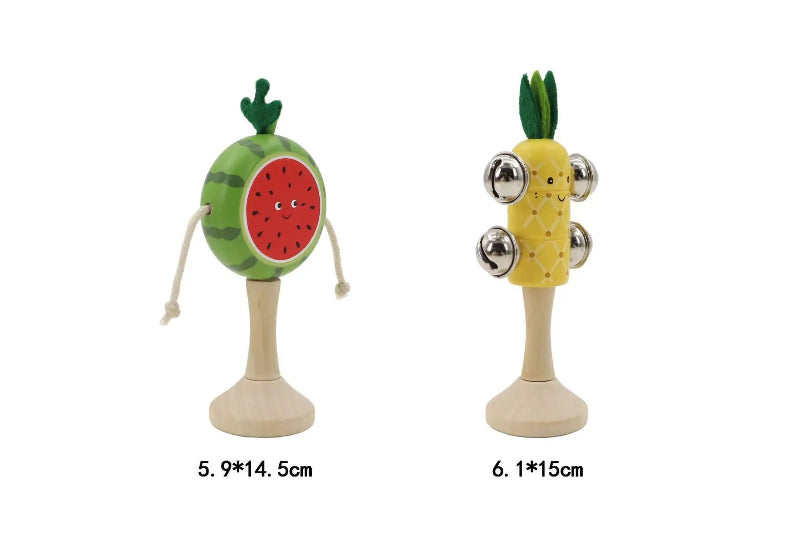 Wooden fruit music set with watermelon twist drum and pineapple bell stick with dimensions — Adventure Awaits