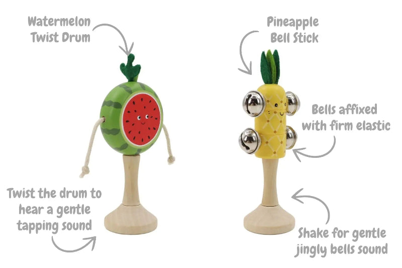 Wooden fruit music set instruction graphic with watermelon twist drum and pineapple bell stick — Adventure Awaits