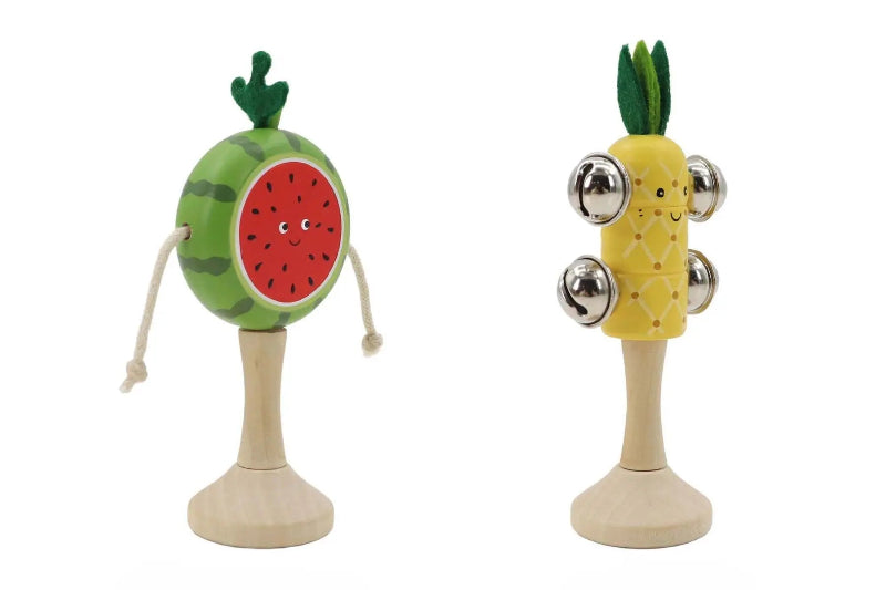 Wooden fruit music set with watermelon twist drum and pineapple bell stick — Adventure Awaits