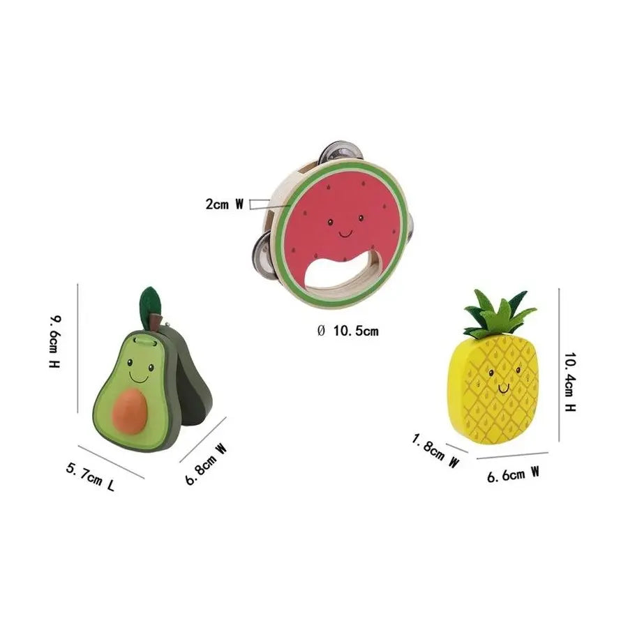 Wooden fruit music set dimensions diagram with avocado, watermelon and pineapple — Adventure Awaits