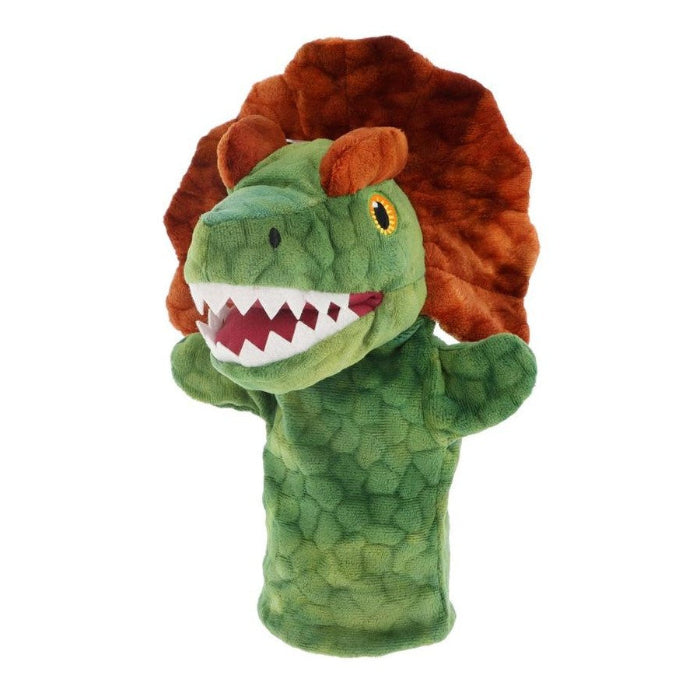 Plush dinosaur hand puppet in green with soft texture, open mouth and frill detail, fun interactive toy for imaginative play at home or travel Adventure Awaits