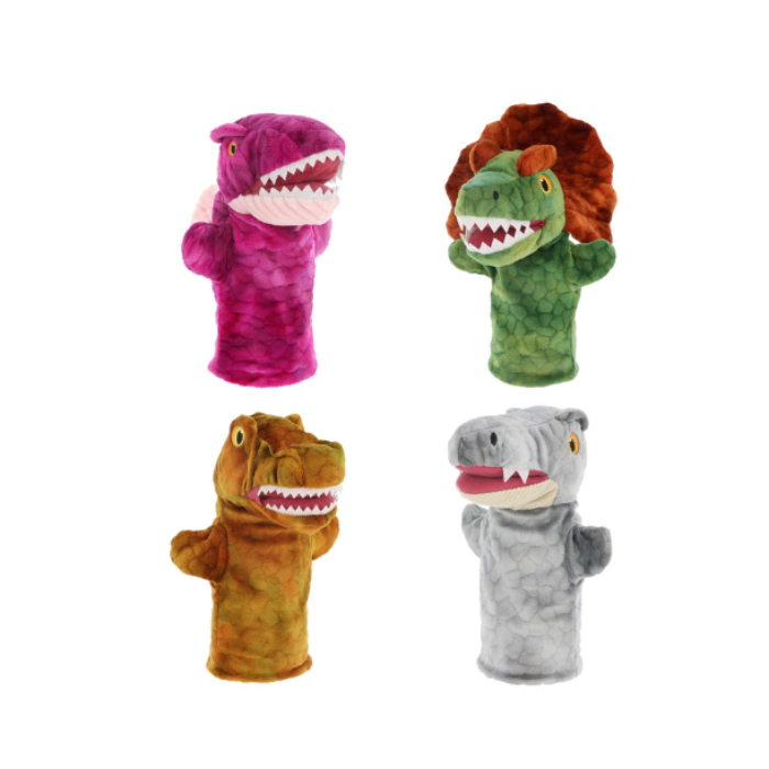 keeleco dinosaur hand puppets - pink spionosaurus, green and brown triceratops, brown t-rex and grey raptor shown on white background