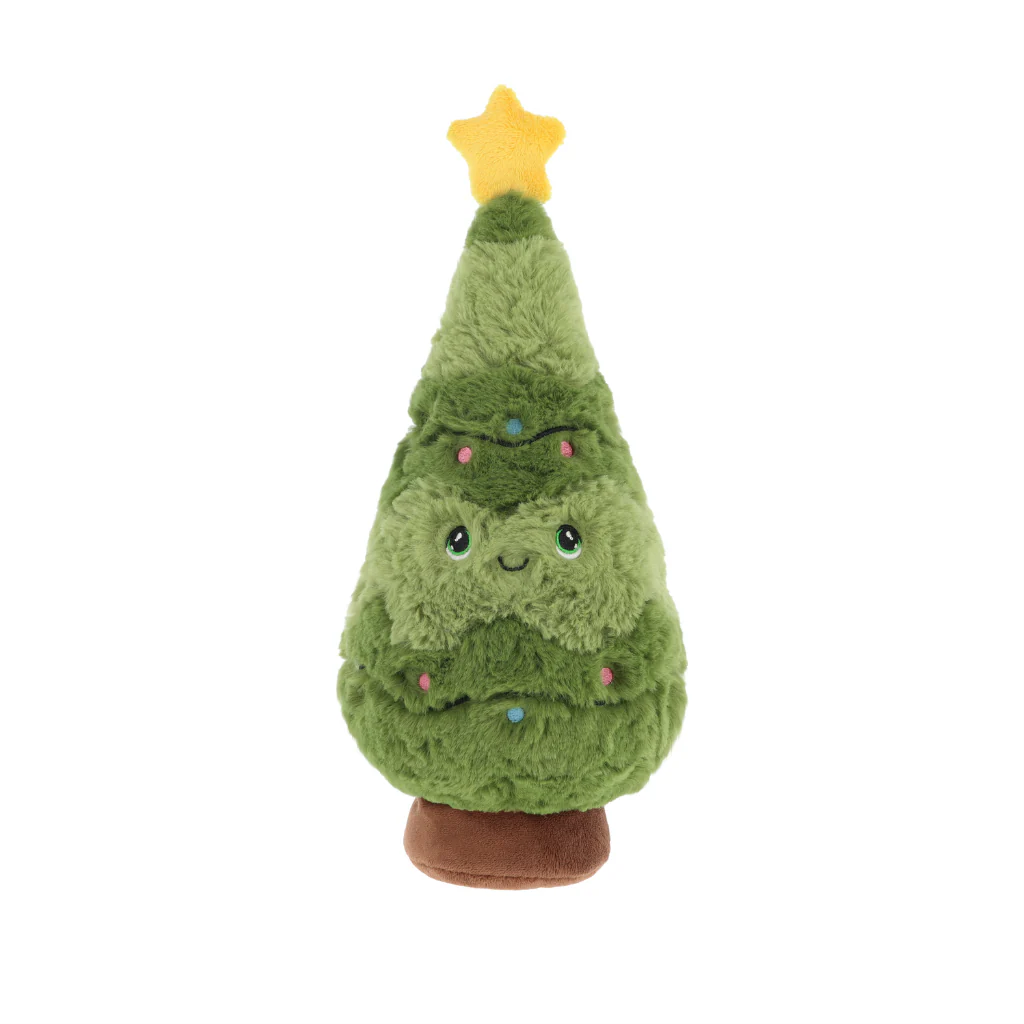 Plush toy shaped like a Christmas tree with a star on top, on a white background