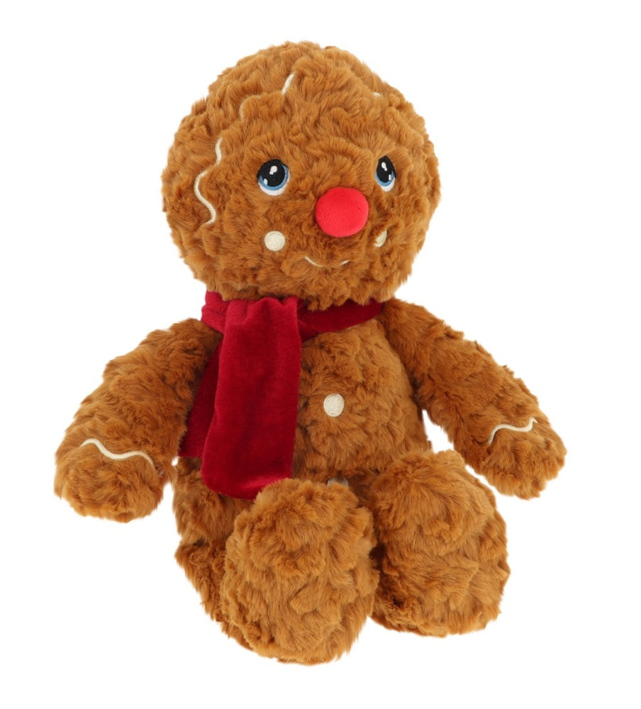 Plush gingerbread man toy with a red scarf on a white background