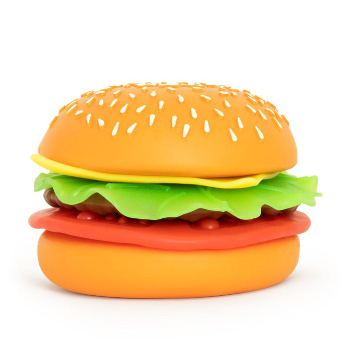 colourful peel and stack burger toy with layered bun, lettuce, cheese and tomato pieces, fun stacking toy for imaginative play at home or travel Adventure Awaits