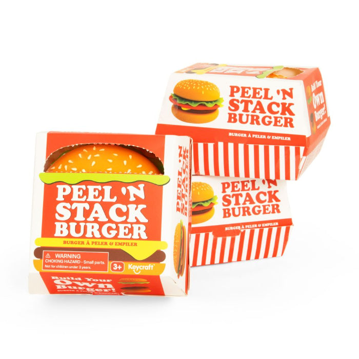 Peel n Stack Burger toy boxes showing packaging design, fun build your own burger stacking toy for imaginative play at home or travel Adventure Awaits