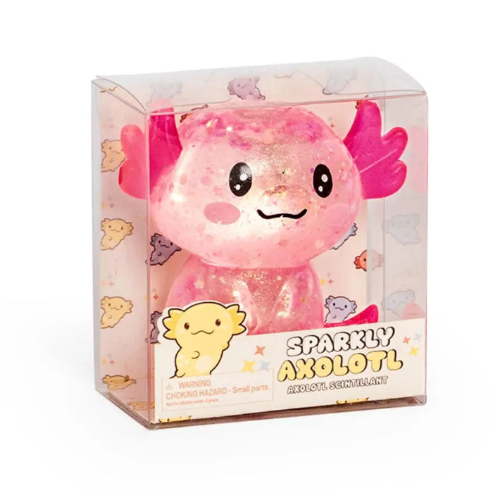 Sparkly Axolotl pink glitter sensory toy in clear retail box with smiling face — Adventure Awaits