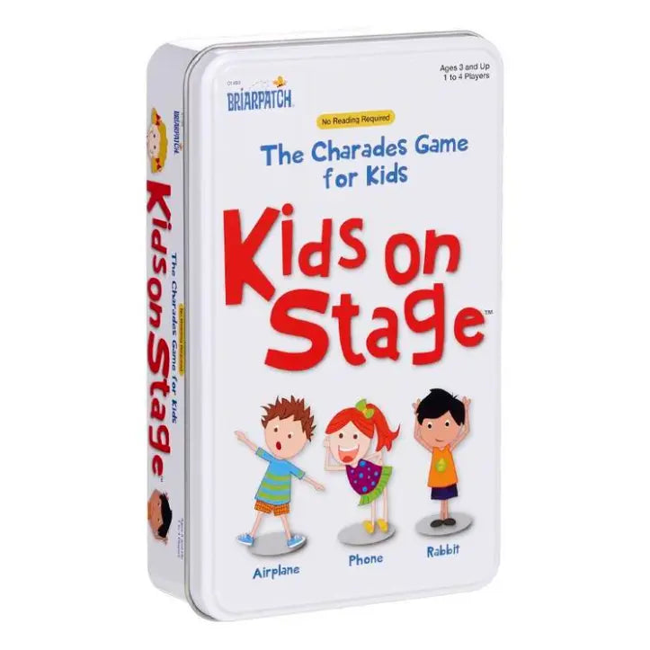 Adventure Awaits Kids on Stage charades game in a travel tin for fun family and party gameplay