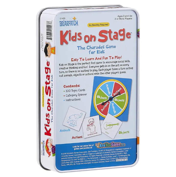 Adventure Awaits Kids on Stage charades game tin showing spinner, topic cards and easy family gameplay instructions