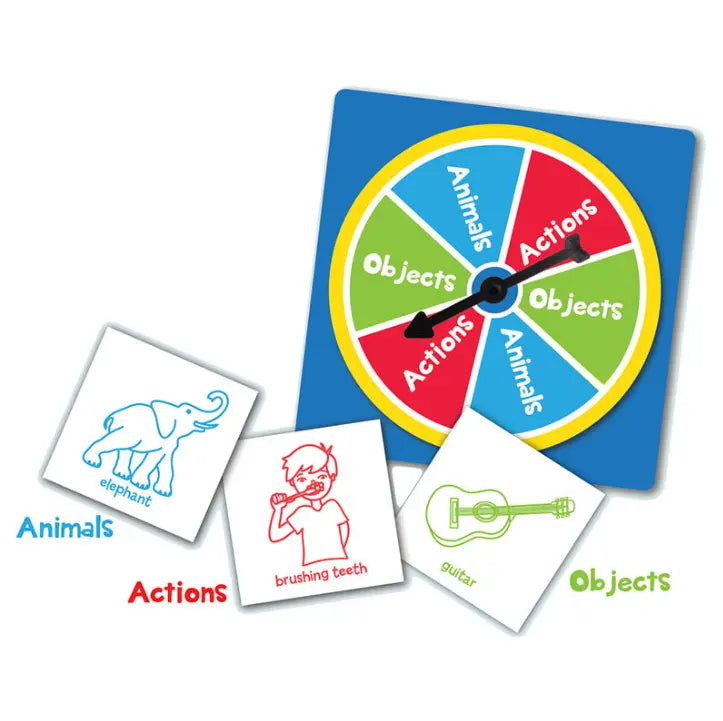 Adventure Awaits Kids on Stage charades game spinner and picture cards featuring animals, actions and objects