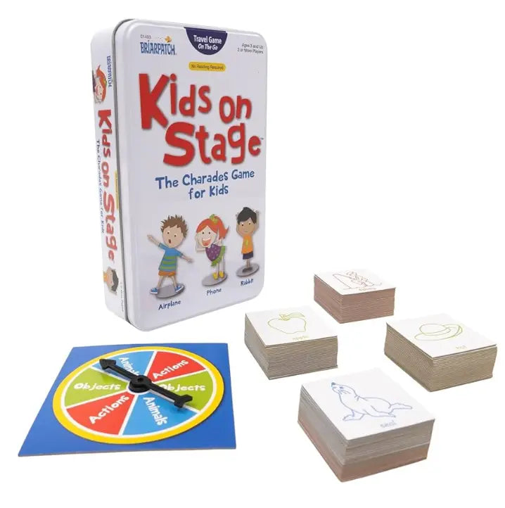 Adventure Awaits Kids on Stage charades game set with travel tin, spinner board and illustrated topic cards