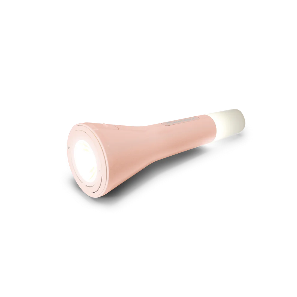 Adventure Awaits pink portable LED flashlight style night light with glowing ends on transparent background