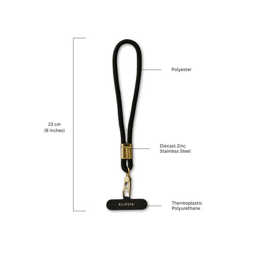 Black 23 cm Klipsta polyester phone wrist strap with gold metal clasp and connector tab, Adventure Awaits