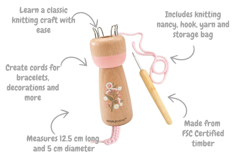 Koala Dream knitting doll features graphic with pink yarn, hook and gum blossom design — Adventure Awaits