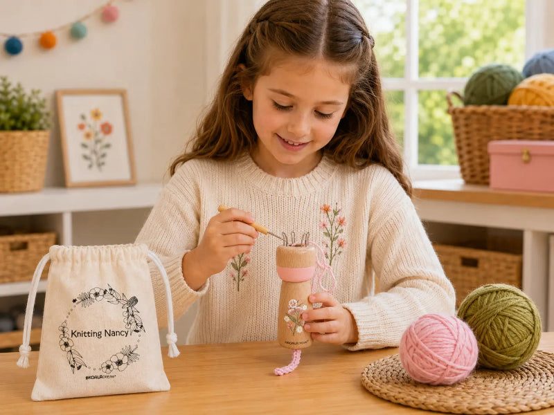 Child using Koala Dream knitting doll kit with yarn and storage bag — Adventure Awaits