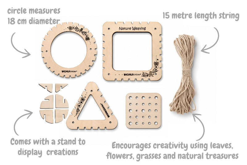 infographic of contents of koala dream bush blooms nature weaving kit - adventure awaits