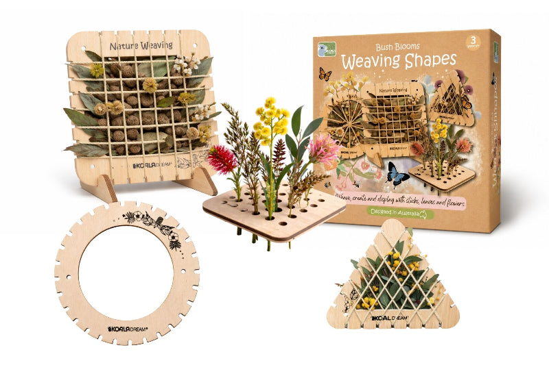 Koala Dream Bush Blooms weaving shapes set with wooden frames and nature crafts — Adventure Awaits