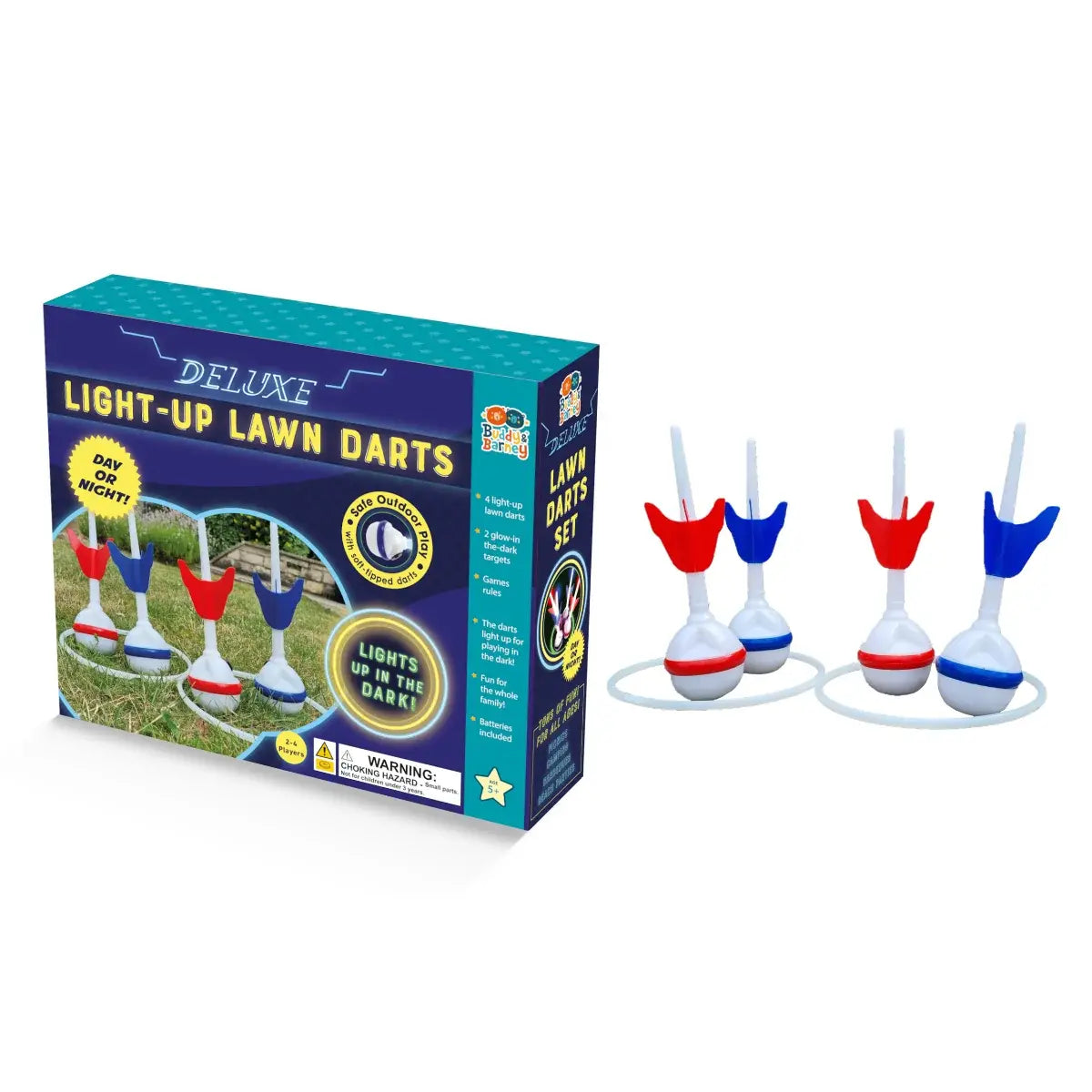 Buddy & Barney Deluxe Light-Up Lawn Darts set with four red and blue darts, glow targets and retail box — Adventure Awaits