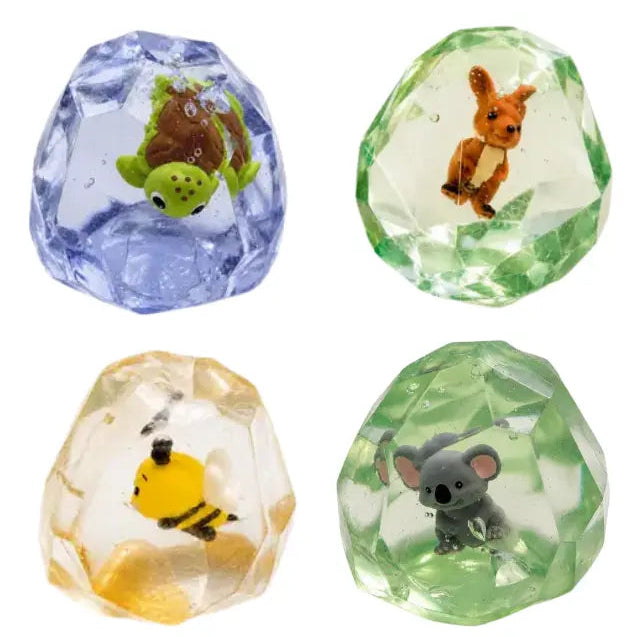 Four colourful gem-shaped sensory toys with turtle, kangaroo, bee and koala inside — Adventure Awaits