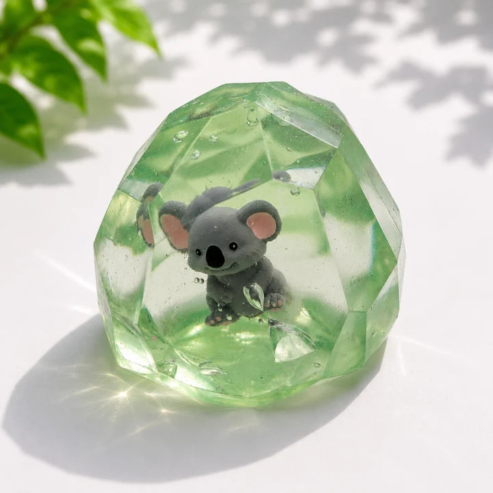 Clear green squishy sensory toy with grey koala suspended inside in sunlight — Adventure Awaits