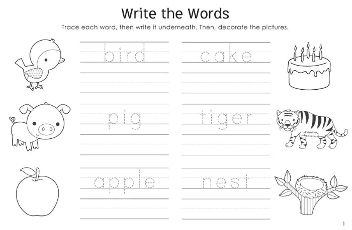 Adventure Awaits Little Genius Learn to Write workbook page with tracing words and colouring picture activities