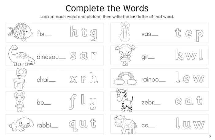 Adventure Awaits Little Genius Learn to Write workbook page with complete the word spelling and tracing activities
