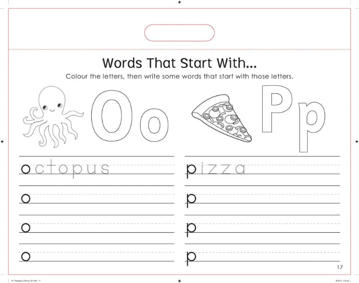 Adventure Awaits Little Genius Learn to Write workbook page featuring tracing letters O and P with octopus and pizza illustrations