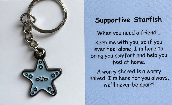 Supportive Starfish keyring with blue comfort charm and support card close-up — Adventure Awaits